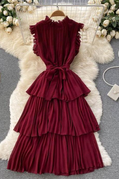 Solid Color Sleeveless Ruffled Chiffon Dress