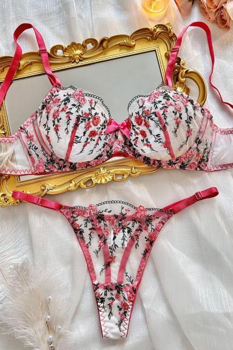 Bra Panties Set Lace Bra Thong Sets Floral Embroidery 2 Pieces Sexy Lingerie  ﹚