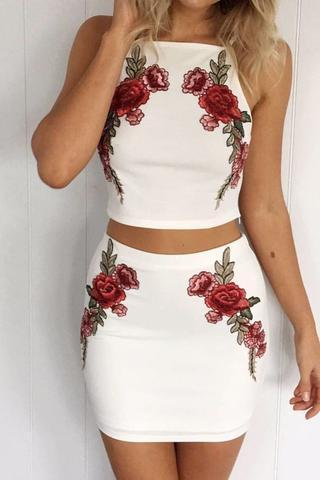 Fashionable White Embroidery Two-piece Dress