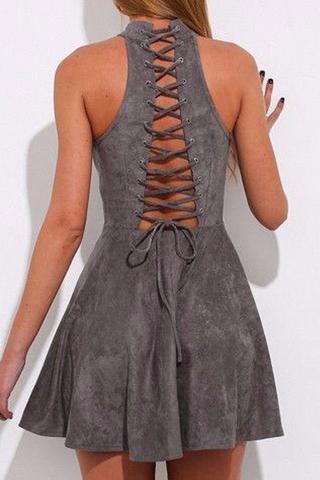 Grey Faux Suede Halter Neck Short Skater Dress Featuring Lace-Up Back 
