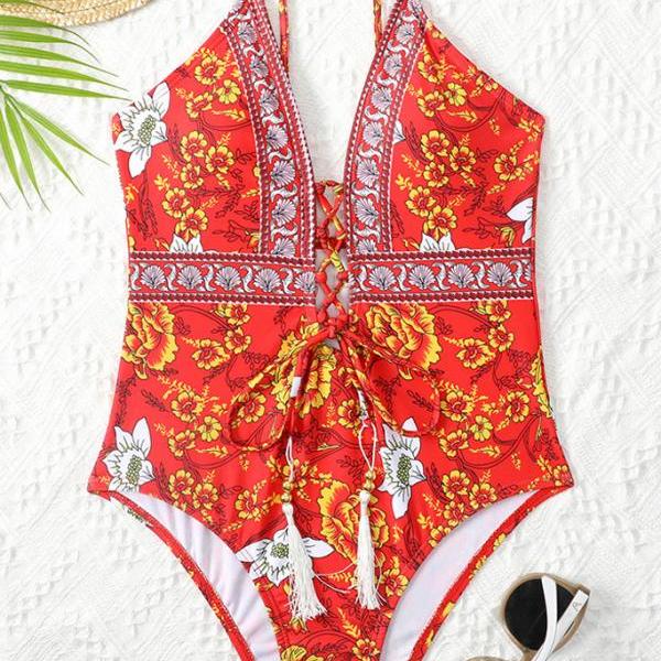 Sling Sexy Backless Print One Piece Swimsuit