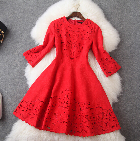 Retro Hollow Jacquard Embroidered Red Dress Ax20301ax on Luulla