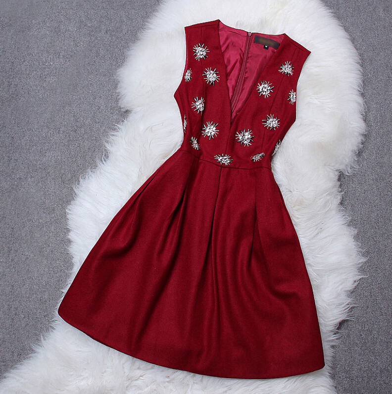 Vintage V-neck Beaded Knit Dress